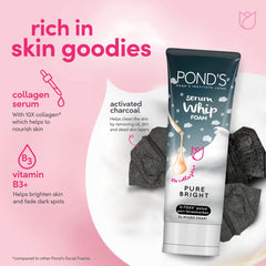 POND'S Serum Whip Facial Foam, for clean, nourished and bright skin, Pure Bright, Infused with Collagen Serum, Vitamin B3 & Activated Charcoal,100g
