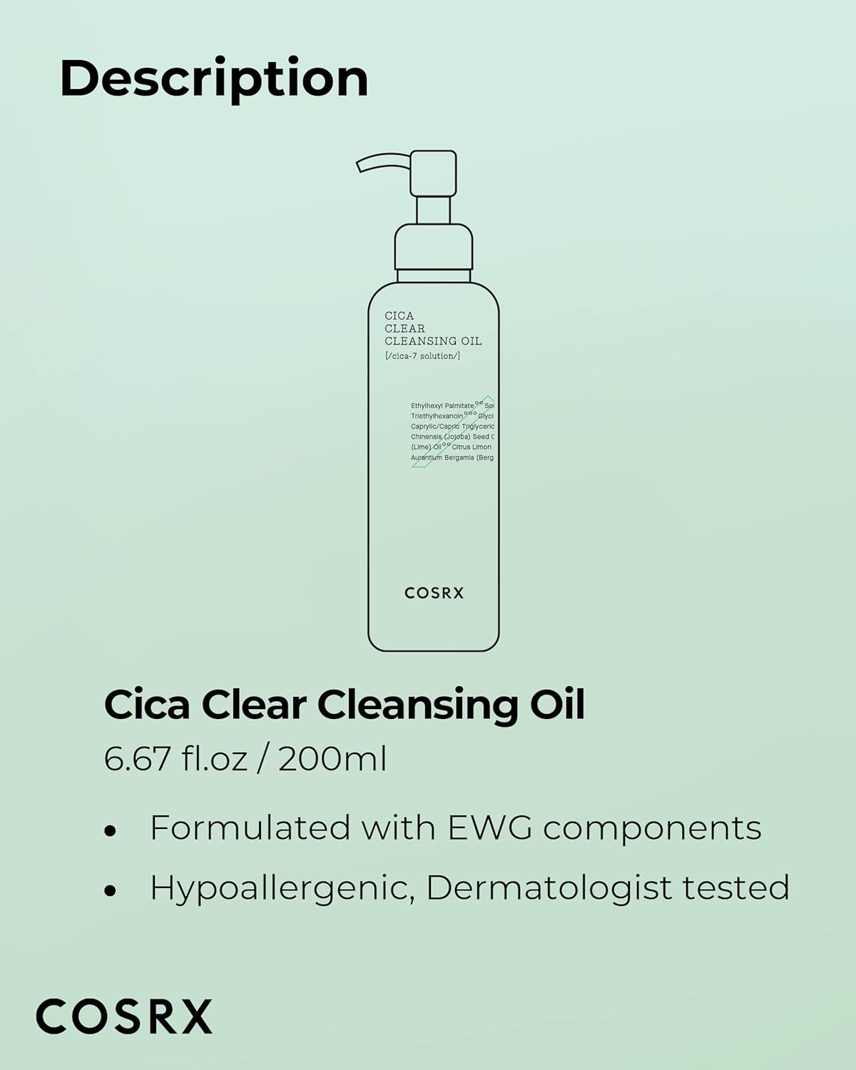 COSRX Pure Fit Cica Cleansing Oil, 6.76 fl. oz / 200ml | Light Weight Oil Purifying Centella for Sensitive Skin | CICA-7 Complex, Jojoba seed oil