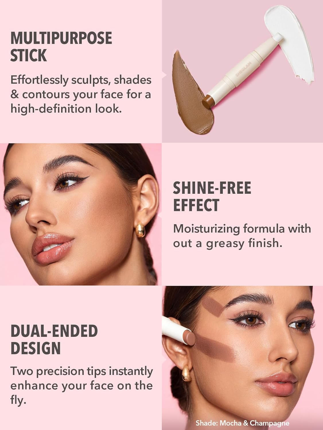 SHEGLAM 2 In 1 Dual Head Cream Contour Highlighter Stick Highly Pigmented Face Bronzer Makeup - Mocha & Champagne - 1.7 g